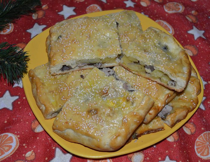 Пирог с индейкой, картошкой и грибами