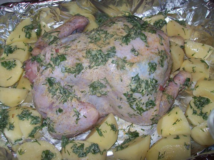 Цыпа с овощами в зеленом масле 