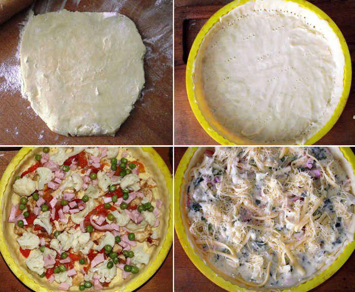 Киш с курицей, ветчиной и овощами