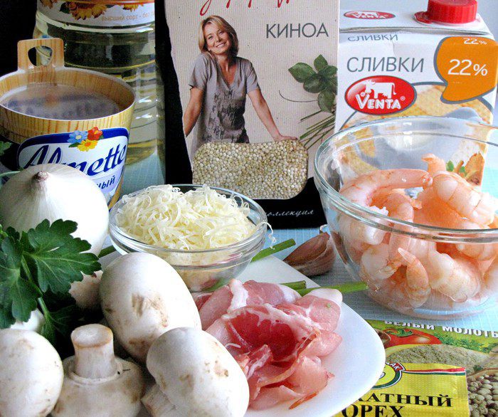Киноа с грибами в сливочно-креветочном соусе
