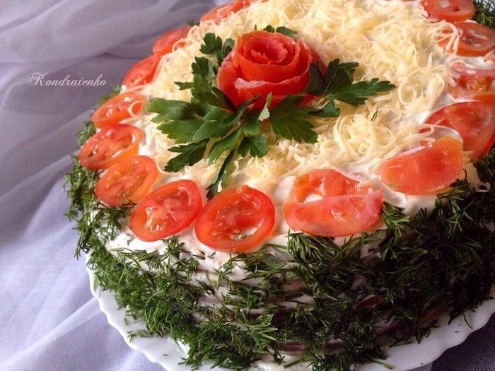 Торт из печеночных блинов &amp;quot;Весна шагает по планете&amp;quot;