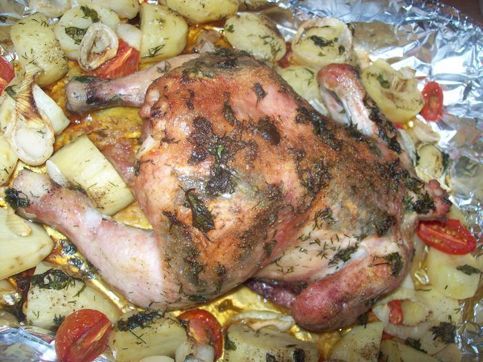 Цыпа с овощами в зеленом масле 