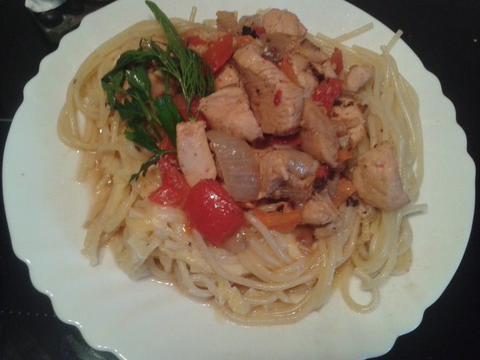 паста с куриным филе и сладким перцем 