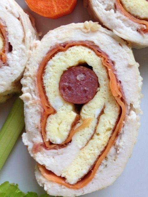 Куриный рулет с омлетом и охотничьими колбасками