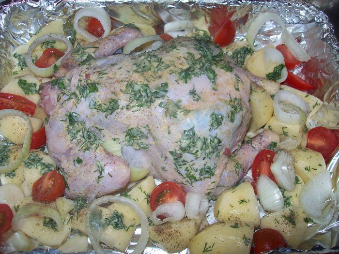 Цыпа с овощами в зеленом масле 