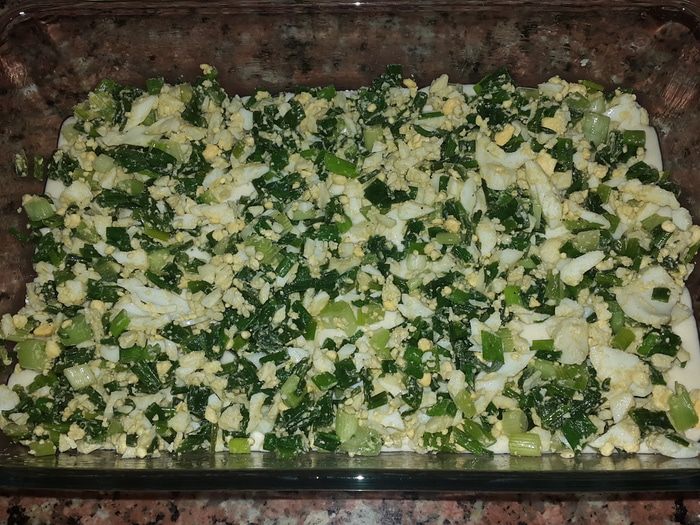 Заливной пирог с зеленым луком и яйцом