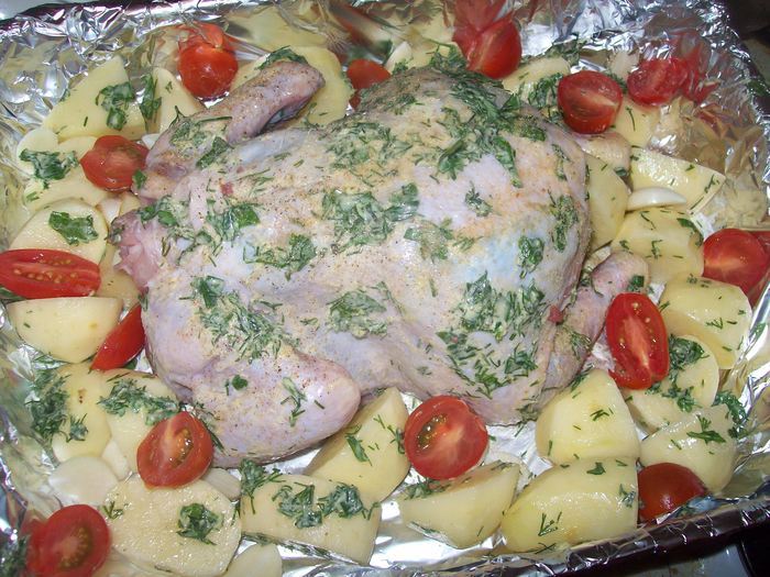 Цыпа с овощами в зеленом масле 