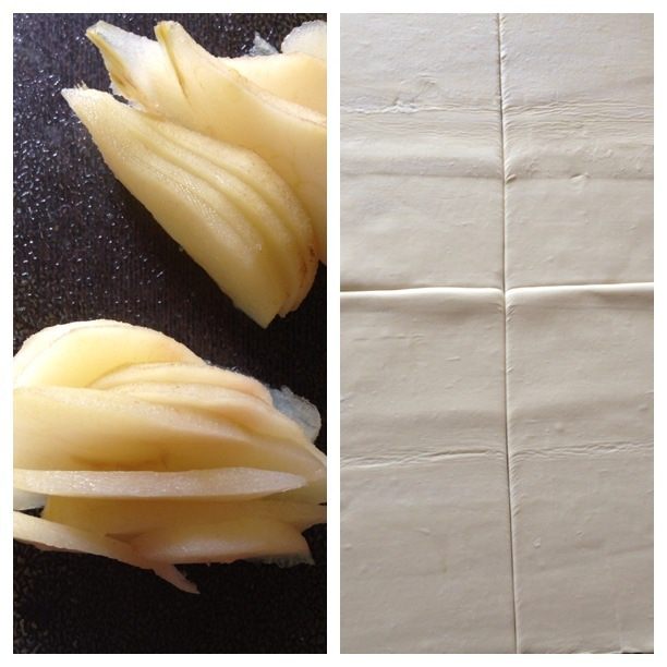 Пироги с грушей-пашот, карамелизированным луком и голубым сыром